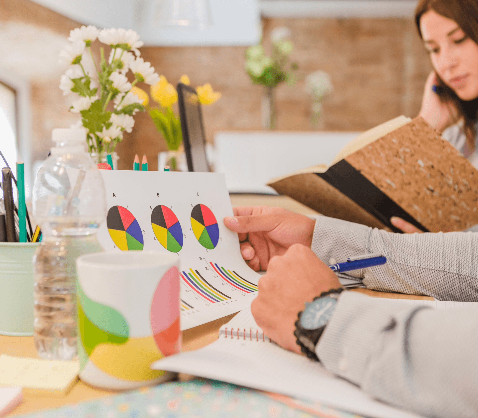 Brand audit documents and marketing materials being reviewed