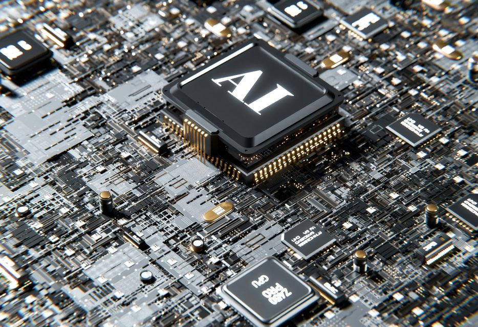 A circuit board with a large component on it labelled 'AI'