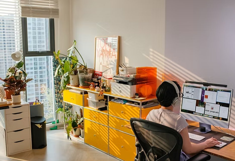 a young man works at his pc in a colourful office