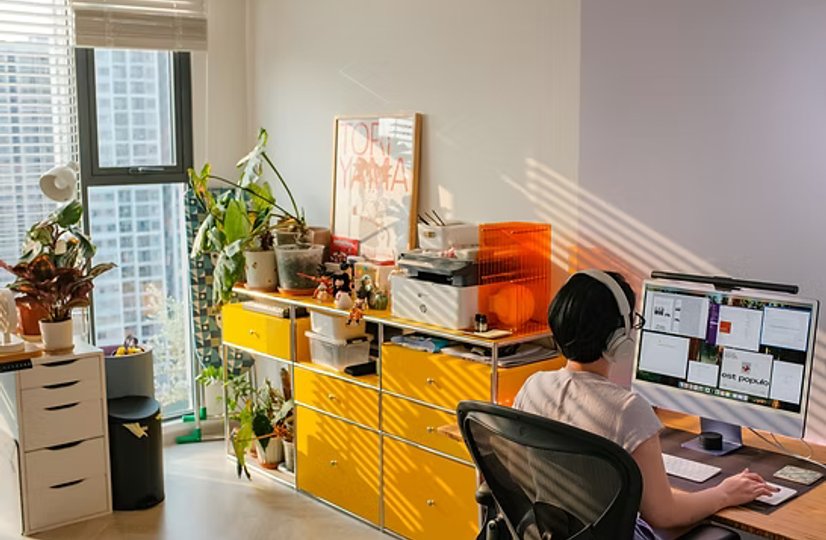 a young man works at his pc in a colourful office